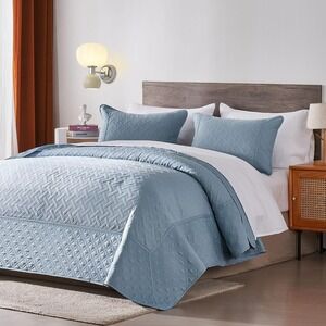 Quilt Set, 3 Piece Soft Basket Weave Sage Green Bedspread King Light Blue
